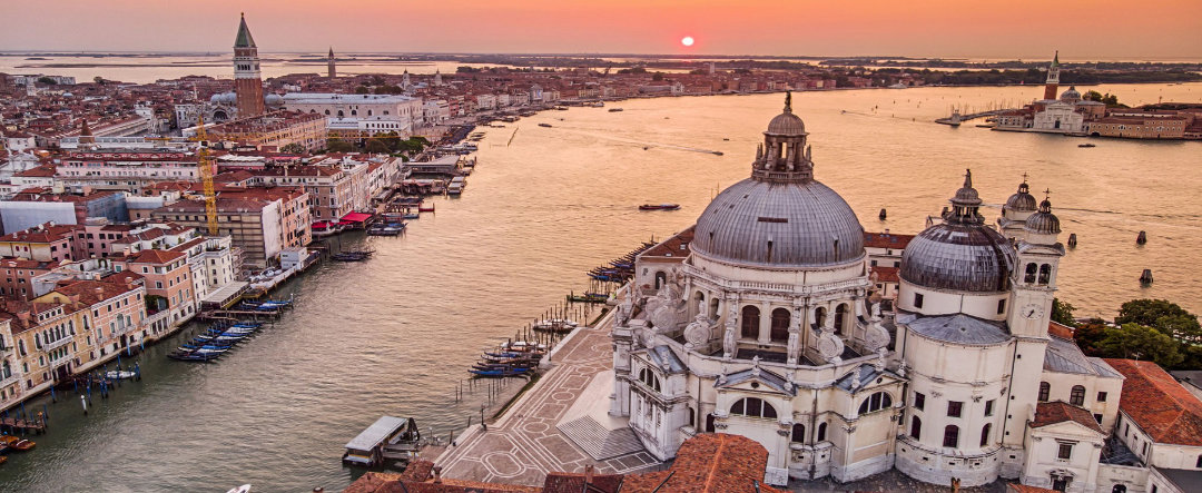 Aerial view of the city of Venice from on high.